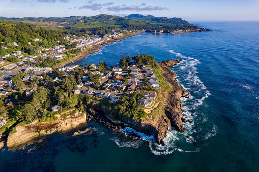 Aerial Drone View of Depoe Bay Oregon Cliffs along the Pacific Coast, Pacific Northwest.