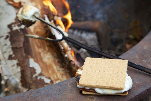 Melty marshmallows and chocolate ooze over the side of crispy graham crackers on this yummy s'mores treat.  A marshmallow roasts to perfection in the campfire.