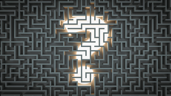 A question mark lost in the maze without finding the answer, 3d rendering