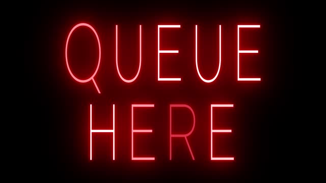 Glowing and blinking red retro neon sign for QUEUE HERE
