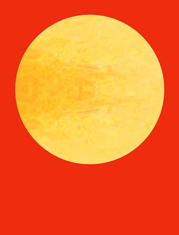 Scenic fantasy background with sun disk on bright red background, vertical format