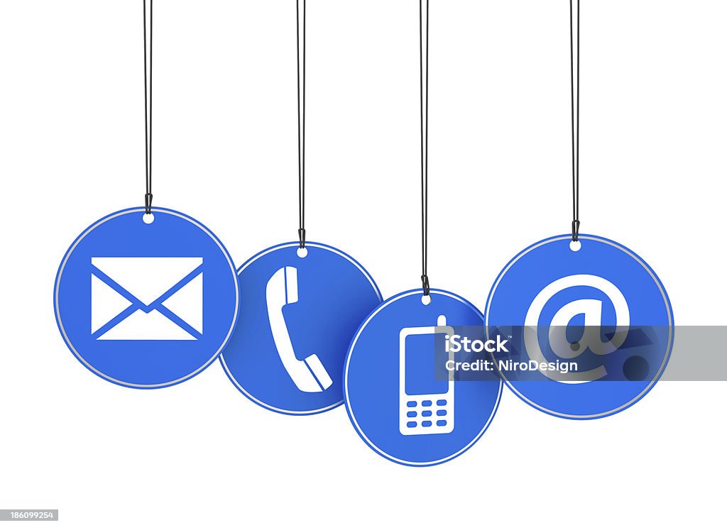 Web Contact Us Icons On Blue Tags Website and Internet contact us page concept with icons on four blue hanged tags on white background. Contact Us Stock Photo