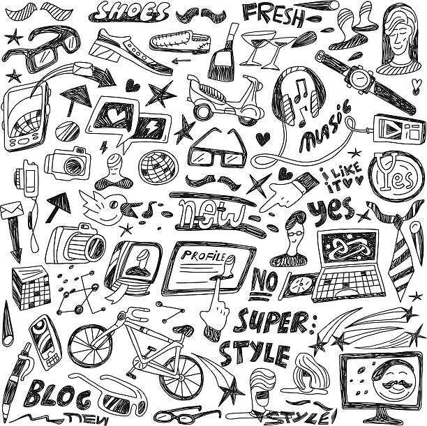 hipsters - doodles set hipsters - vector icons in sketch style teenager doodle stock illustrations