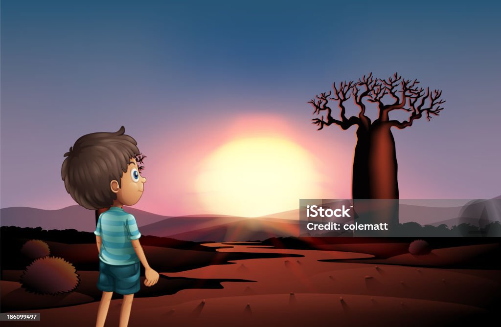 Niño en el desierto mientras mira la puesta de sol - arte vectorial de Hombres libre de derechos