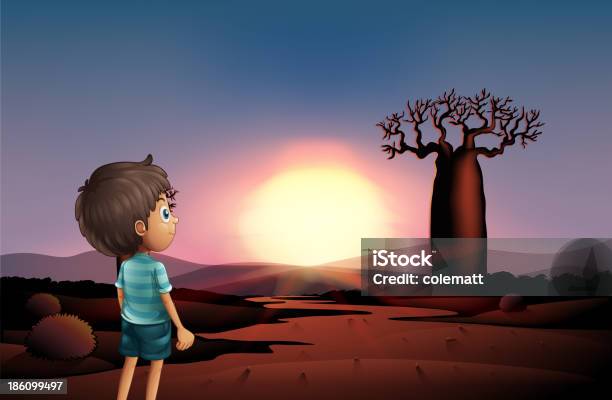 Ilustración de Niño En El Desierto Mientras Mira La Puesta De Sol y más Vectores Libres de Derechos de Hombres - Hombres, Mirar un objeto, Puesta de sol