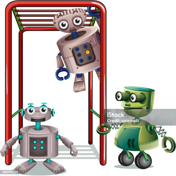 Ilustración de Tres Robots Jugando y más Vectores Libres de Derechos de Acero - Acero, Ciencia, Colgar