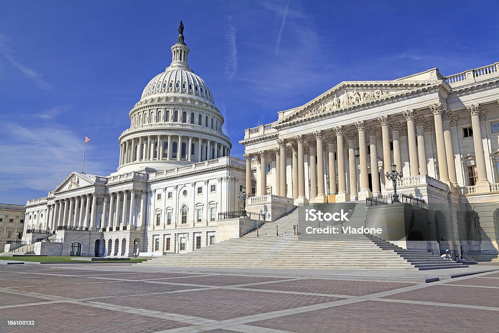United States Capitol, Washington DC American Flag Stock Photo