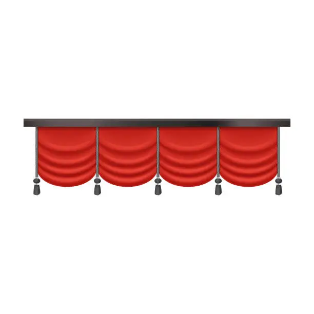 Vector illustration of Red curtains with vintage drapery, 3D folded cloth with black tassels