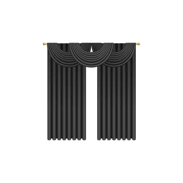 Vector illustration of Black curtains, 3D elegant window soft drapes, decoration element