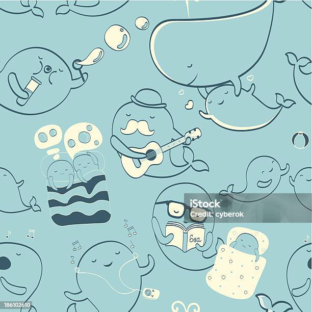 Carino Balene Blu Seamless Pattern - Immagini vettoriali stock e altre immagini di Delfino - Delfino, Animale, Kawaii