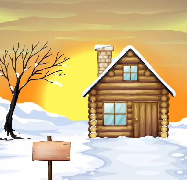 Vector illustration of Log cabin and dead tree