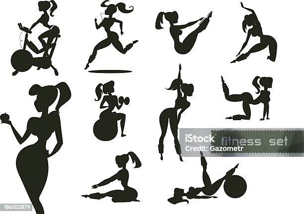 Vetores de Mulher Fitness Conjunto e mais imagens de Abdome - Abdome, Abdômen Humano, Academia de ginástica