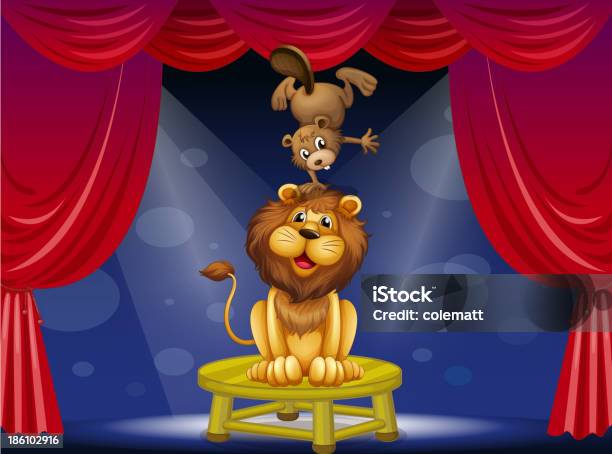 Lion Et Beaver Sur La Scène Du Spectacle Vecteurs libres de droits et plus d'images vectorielles de Art du spectacle - Art du spectacle, Artiste de spectacle, Bleu