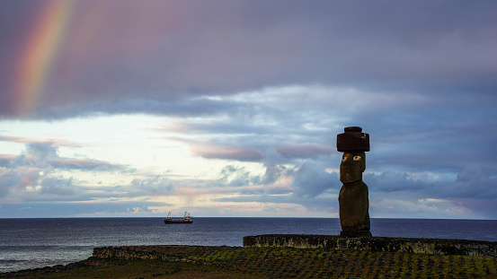 Sunset at the statues of Ahu Tahai at Easter Island (Rapa Nui/ Isla de Pascua), Chile