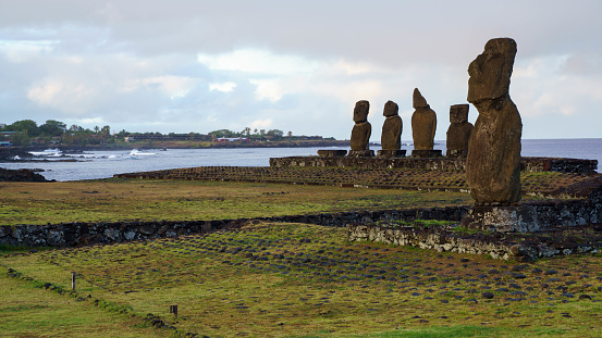 Sunset at the statues of Ahu Tahai at Easter Island (Rapa Nui/ Isla de Pascua), Chile