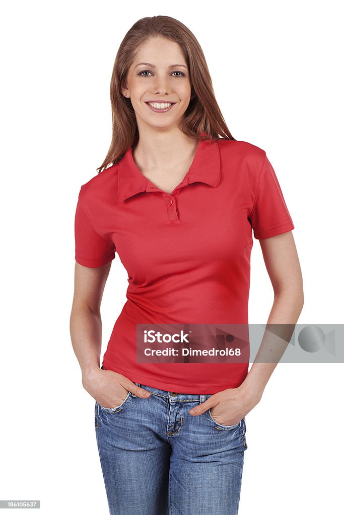 Pretty girl in blue jeans and a red T-shirt Pretty brunette in blue jeans and a red t-shirt Adult Stock Photo