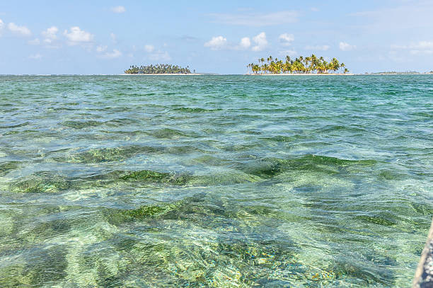 Sailing between San Blas caribbean islands. Panama paradise. Central America. Latin America.
