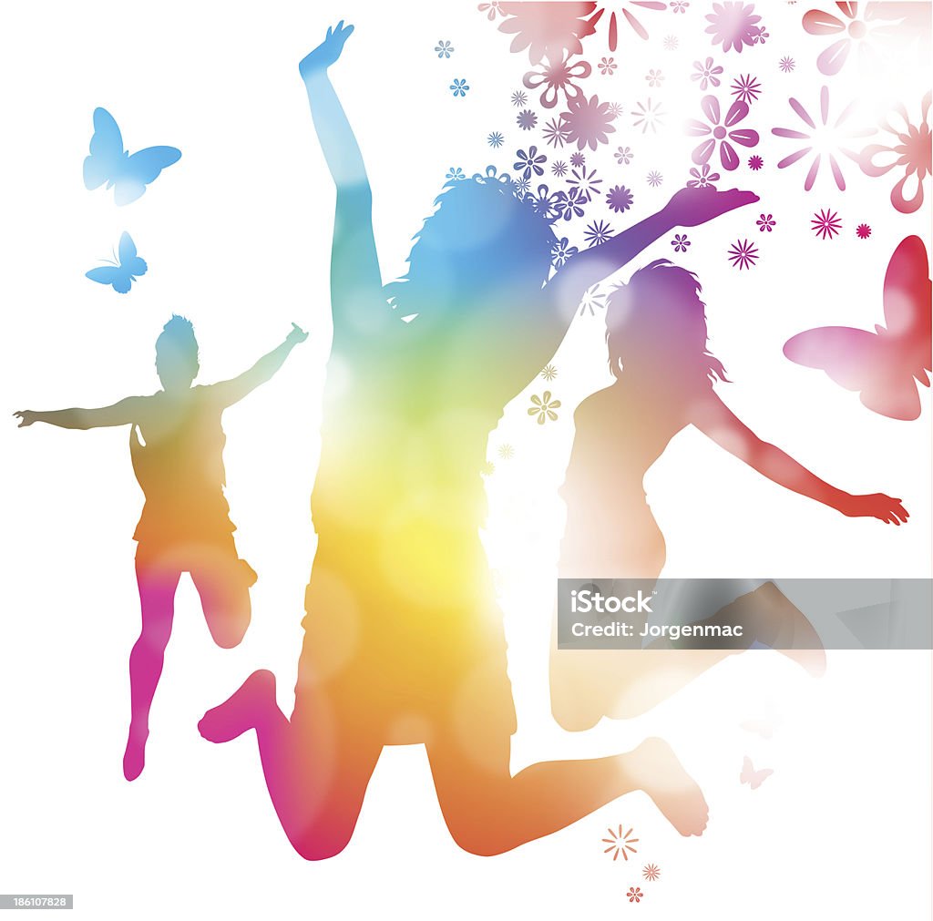 Girls Jumping in the Summer. EPS10 File. Transparencies are used in this Abstract Illustration of Young Girls Jumping to the music of a summer festival. Hi-res Jpeg, PNG and PDF files included. In Silhouette stock vector
