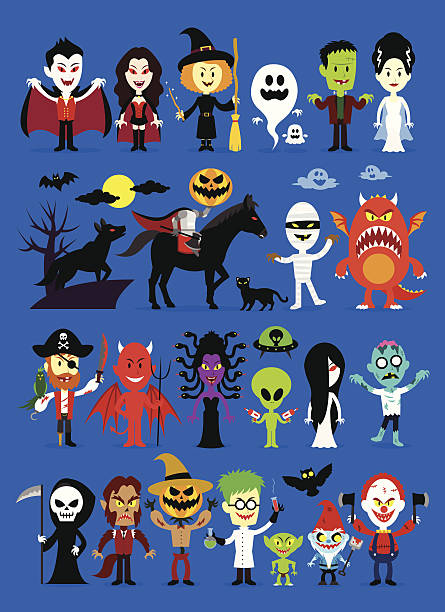Monsters Mash Halloween Characters Monsters Mash Halloween Cartoon Characters including Vampires, Witch, Ghosts, Frankenstein & his bride, Headless Knight, Mummy, Monster, Pirate, Devil, Medusa, Alien, Woman Ghost, Zombie, Grim Reaper, Werewolf, Jack o' lantern, Mad Scientist, Goblin, Creepy Gnome, and Creepy Clown monster stock illustrations
