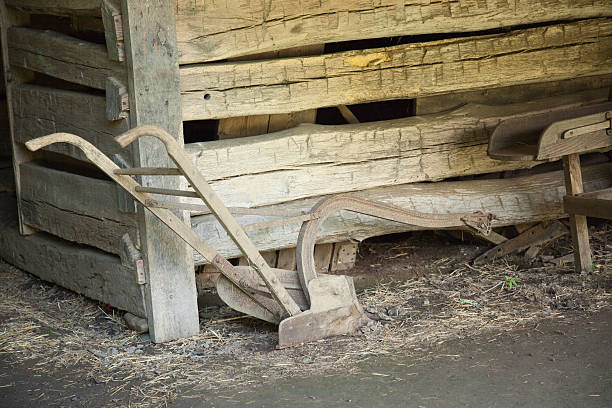 istock Old Plow against a rough wooden wall 186108960