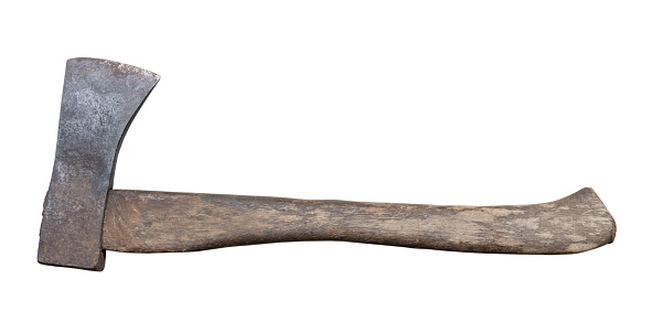 Old rust dirty dark gray axe with brown wooden handle is isolated on white background with clipping path