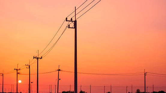 Silhouette row of electric power poles with cable lines against orange sunset sky background