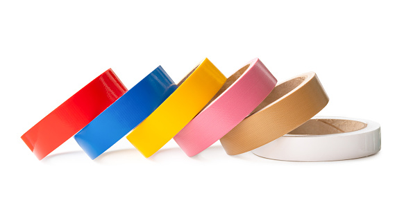 Set of multicolor adhesive vinyl or cloth tape is isolated on white background with clipping path.