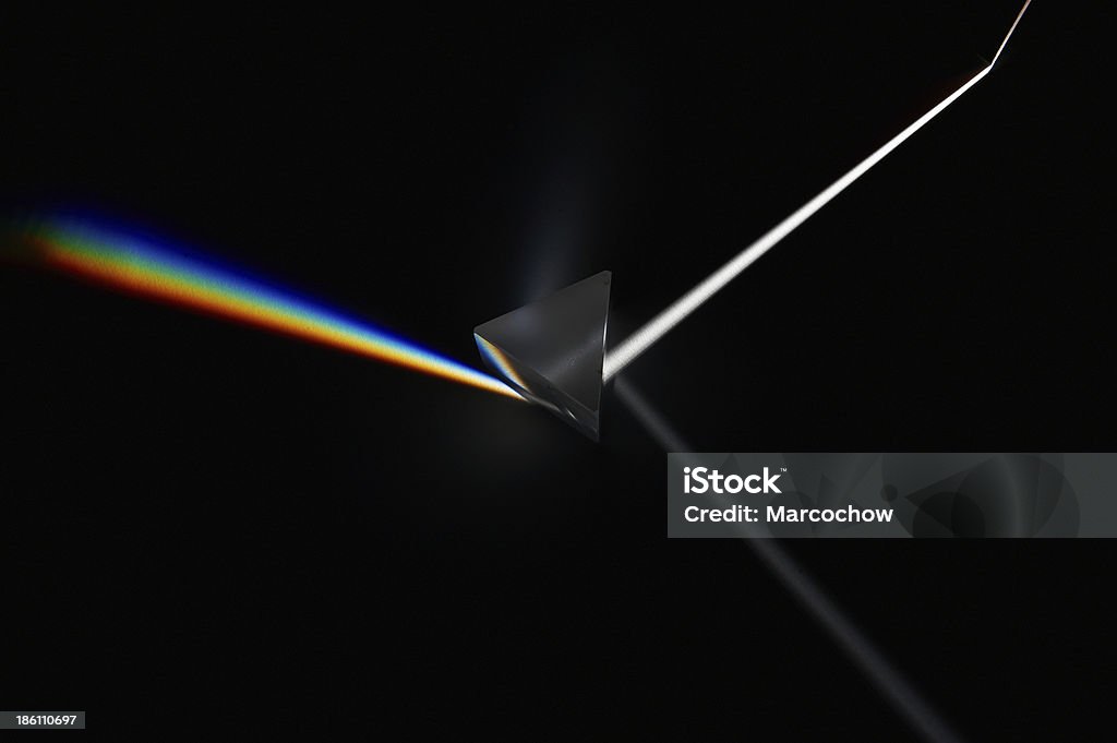 Prism refracting a white light beam Prism refracting a white light beam into a rainbow and reflecting a diffused white light beam Prism Stock Photo