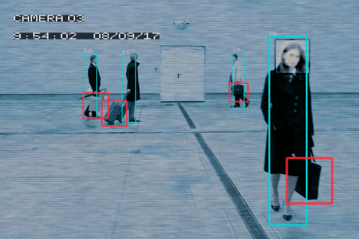 Pedestrians being viewed from a surveillance camera, marked with squares