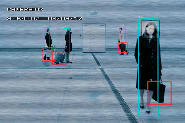 View from surveillance camera Pedestrians being viewed from a surveillance camera, marked with squares cctv camera overlay stock pictures, royalty-free photos & images