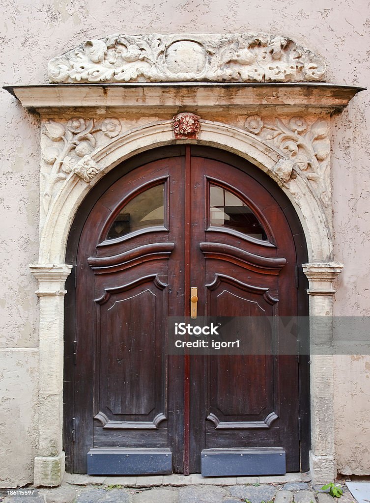 wooden door wooden door in old Riga , Latvia Art Nouveau Stock Photo