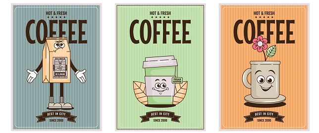 Funky groovy cartoon character Coffee poster set. Vintage funny mascot patch fast psychedelic smile and emotion. Design art for cafe, bar, restaurant. Comic trendy vector illustration 90s style