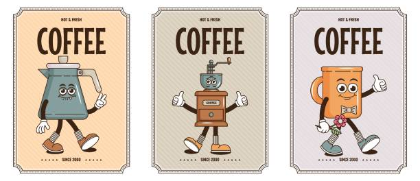 istock Funky groovy cartoon character Coffee poster set. Vintage funny mascot patch fast psychedelic smile and emotion. Design art for cafe, bar, restaurant. Comic trendy vector illustration 90s style 1861171070