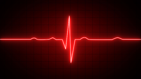 Glowing red neon heartbeat pulse rate line. Health and Medical concept. EKG Pulse Wave, cardiogram and rhythm