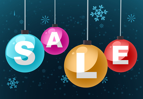 SALE clearance retail deal vector illustration cartoon, with snowflakes background.
