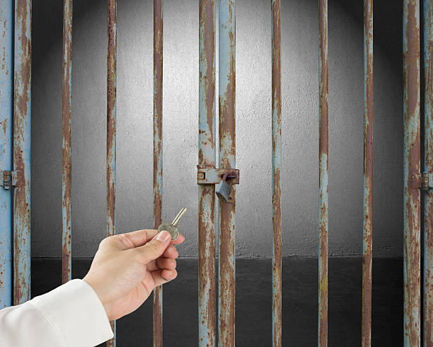 istock Hand hold key opening locked door with empty space 186120535