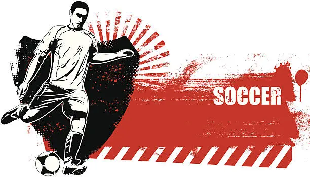 Vector illustration of soccer shield with grunge red banner