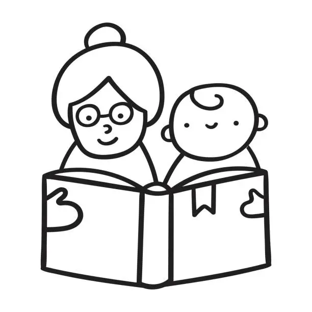 Vector illustration of Grandmother reads bedtime story to grandson. Vector outline icon.