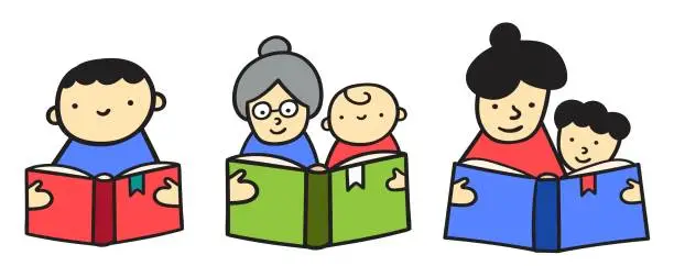 Vector illustration of Reading book. Collection of characters. Mother, kid, grandmother. Learning, studying.