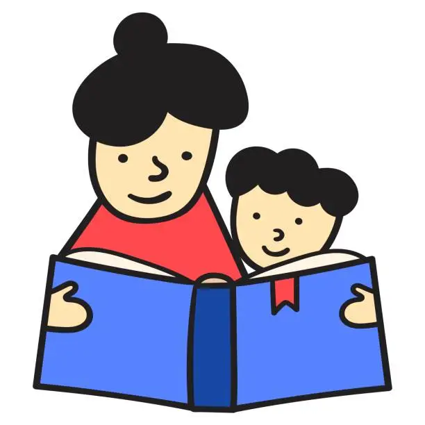 Vector illustration of Mother reads bedtime story to her son. Vector flat icon.