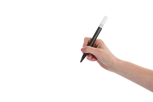 istock Hand writing with black pencil isolated on white background 186122628