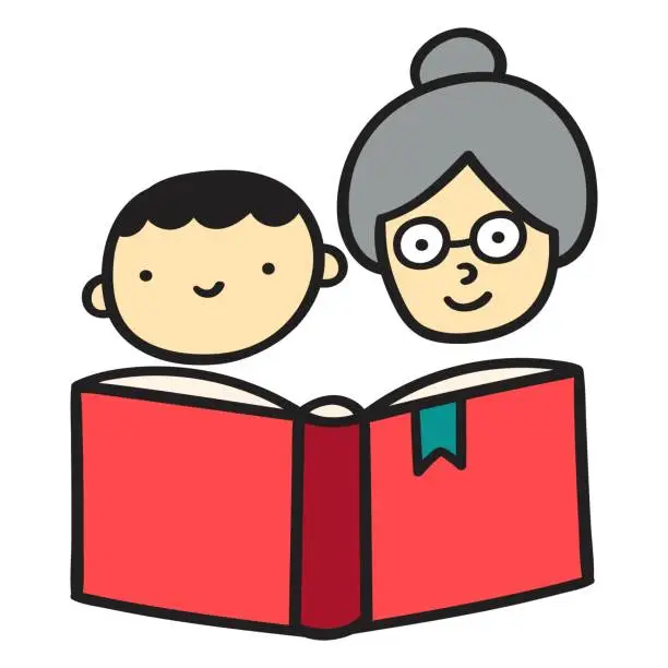 Vector illustration of Grandmother reads book to her grandson.