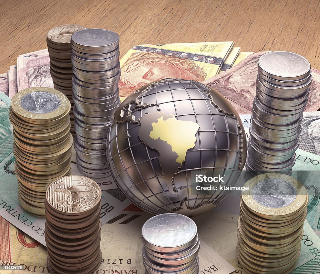 Golden Brazil Golden globe with emphasis on Brazil and its economy. Economy Stock Photo
