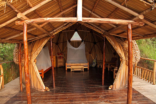 istock Geodome wood and thatch camping hut 186127035