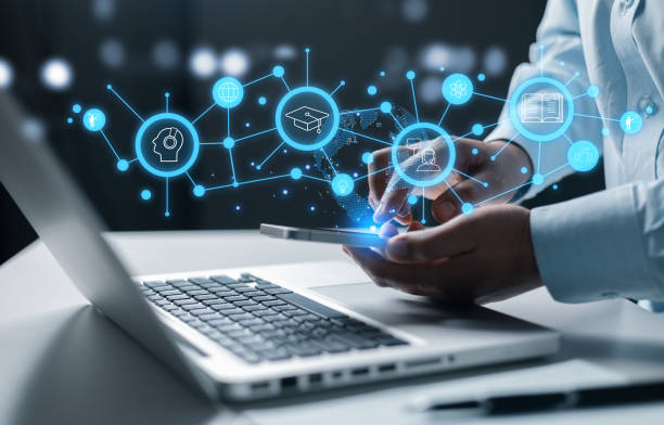 istock webinar online, education on internet. E-learning education, internet lessons and online webinar. Person who attends online lessons on digital screen. Education internet Technology. 1861292908