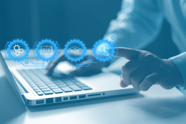 istock webinar online, education on internet. E-learning education, internet lessons and online webinar. Person who attends online lessons on digital screen. Education internet Technology. 1861292911