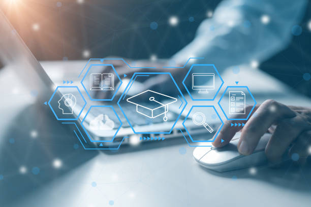 istock webinar online, education on internet. E-learning education, internet lessons and online webinar. Person who attends online lessons on digital screen. Education internet Technology. 1861292920