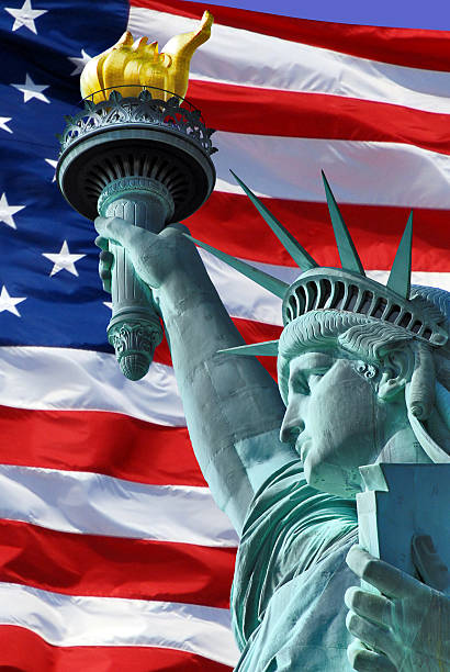 istock Statue of Liberty with flag USA 186129748