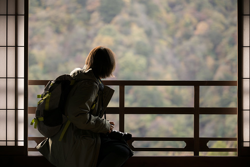 A woman gazing at the mountains with autumn leaves from a Japanese-style room