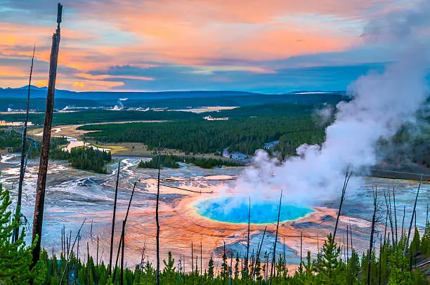 Grand Prismatic Geyser at Sunset photographed from the Hill